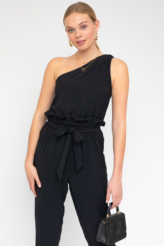 swvws Sleeveless One Shoulder Waist Tie Jumpsuit