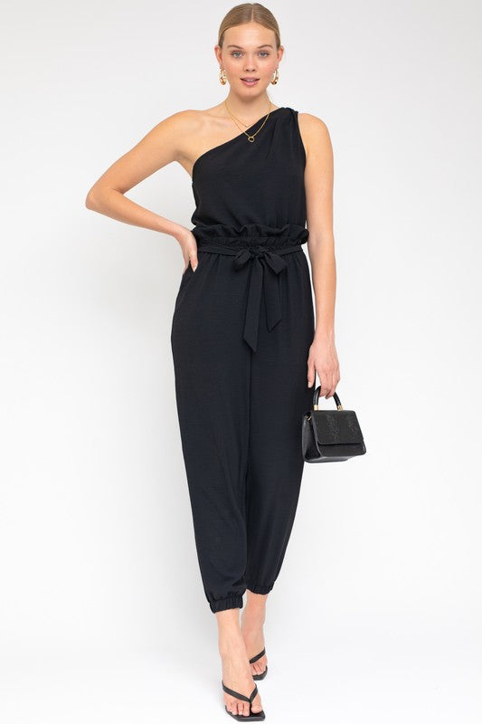 swvws Sleeveless One Shoulder Waist Tie Jumpsuit