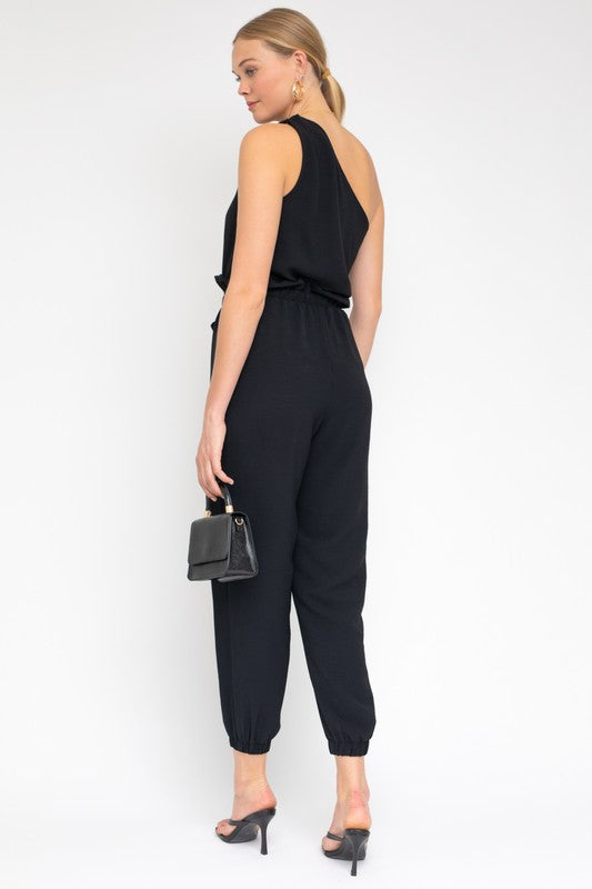 swvws Sleeveless One Shoulder Waist Tie Jumpsuit