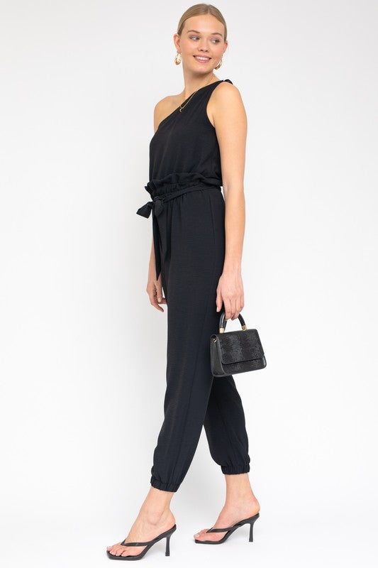 swvws Sleeveless One Shoulder Waist Tie Jumpsuit