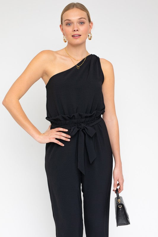 swvws Sleeveless One Shoulder Waist Tie Jumpsuit