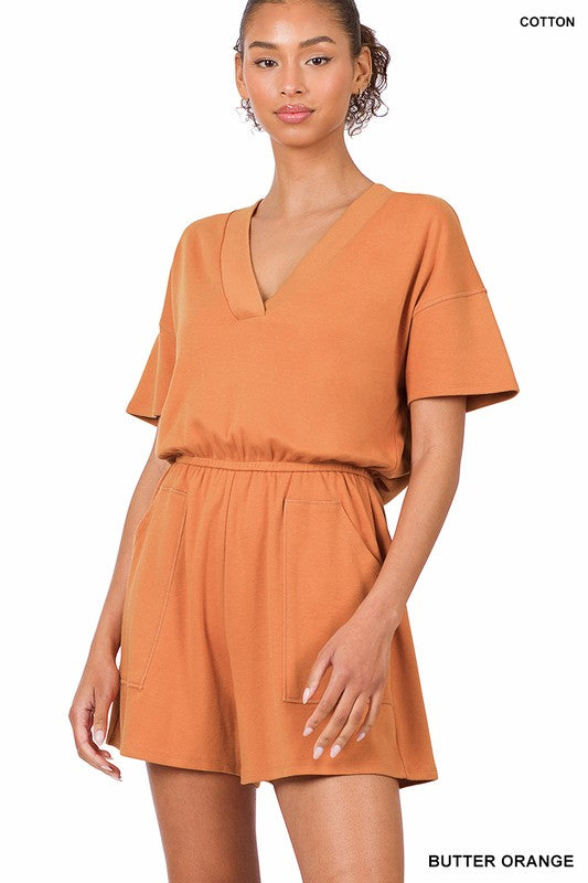 swvws Drop Shoulder V-neck Romper With Pockets