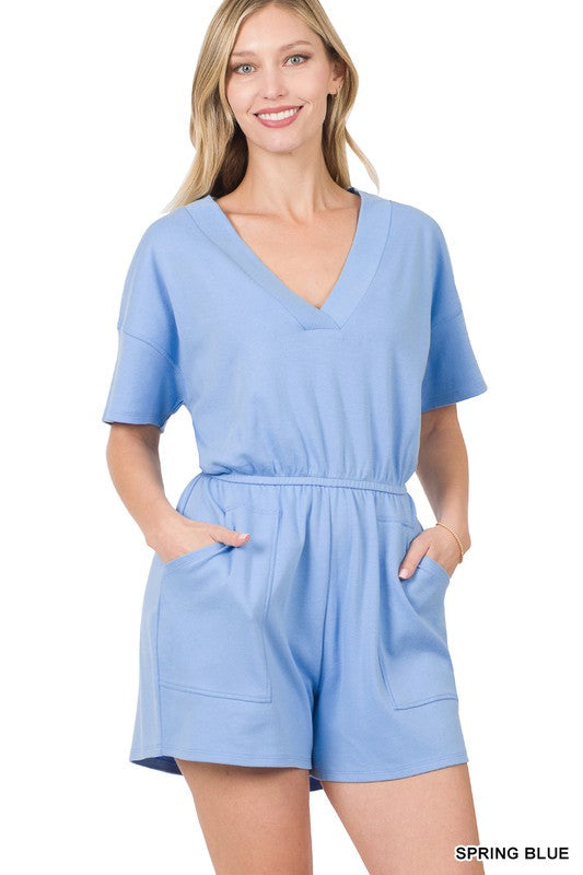 swvws Drop Shoulder V-neck Romper With Pockets