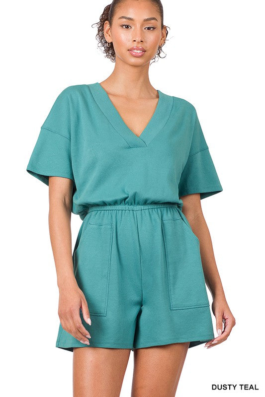 swvws Drop Shoulder V-neck Romper With Pockets