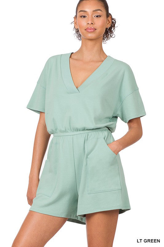 swvws Drop Shoulder V-neck Romper With Pockets