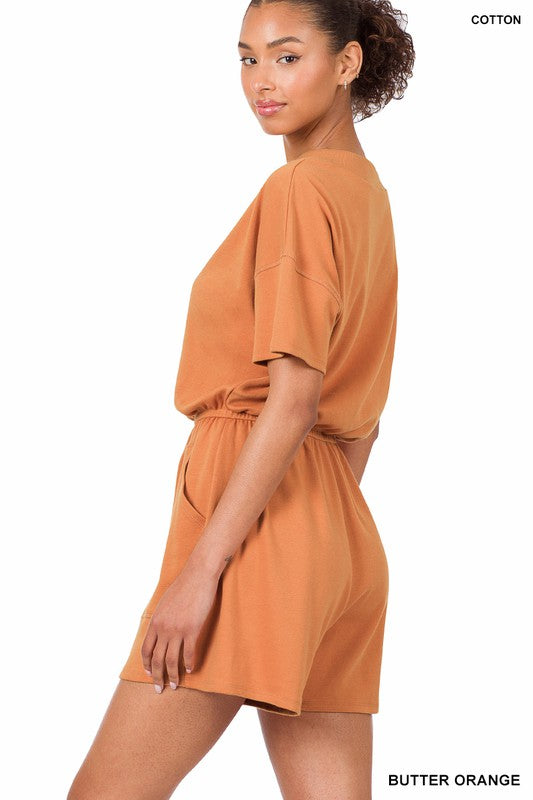 swvws Drop Shoulder V-neck Romper With Pockets