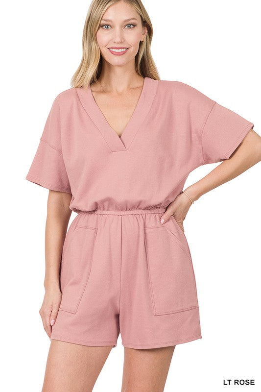 swvws Drop Shoulder V-neck Romper With Pockets