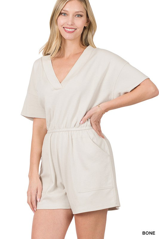 swvws Drop Shoulder V-neck Romper With Pockets