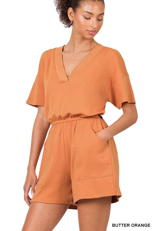 swvws Drop Shoulder V-neck Romper With Pockets