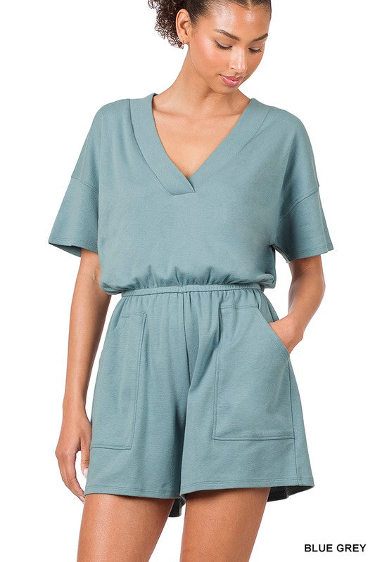 swvws Drop Shoulder V-neck Romper With Pockets