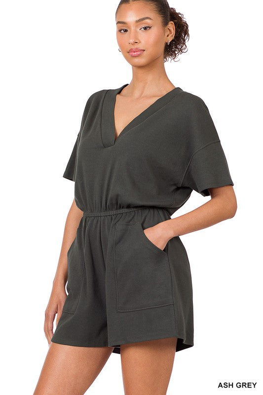 swvws Drop Shoulder V-neck Romper With Pockets