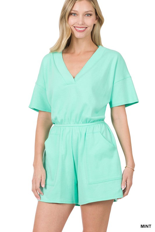 swvws Drop Shoulder V-neck Romper With Pockets