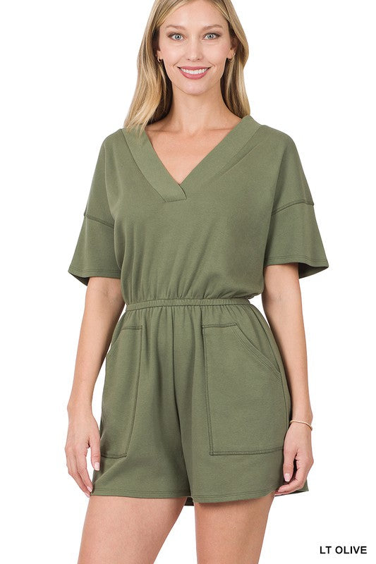 swvws Drop Shoulder V-neck Romper With Pockets