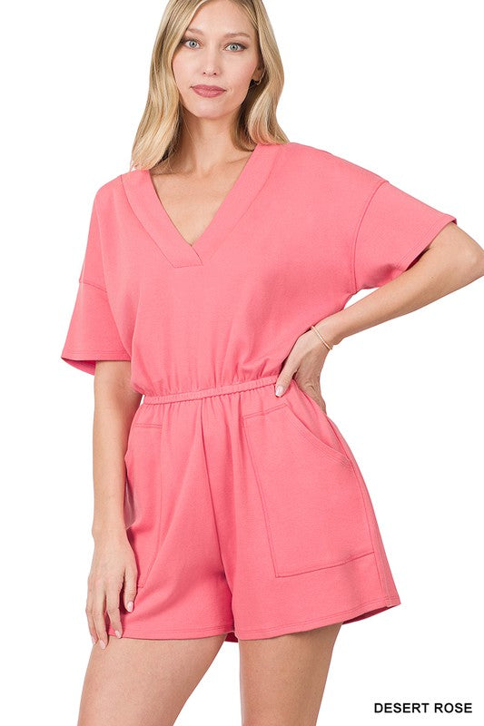 swvws Drop Shoulder V-neck Romper With Pockets