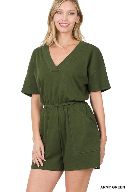 swvws Drop Shoulder V-neck Romper With Pockets