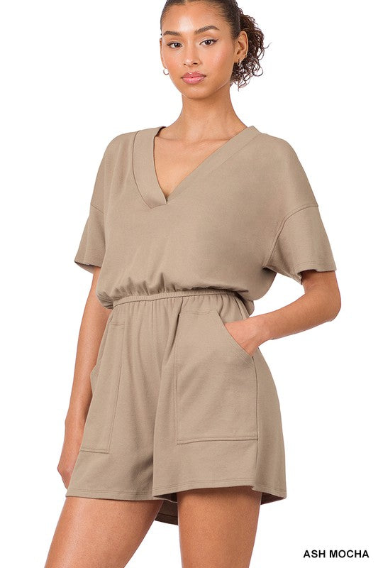 swvws Drop Shoulder V-neck Romper With Pockets