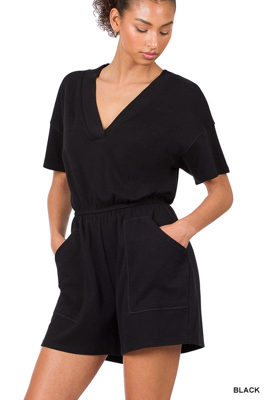 swvws Drop Shoulder V-neck Romper With Pockets