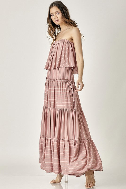 swvws Pin Stripe Print Tube Maxi Dress