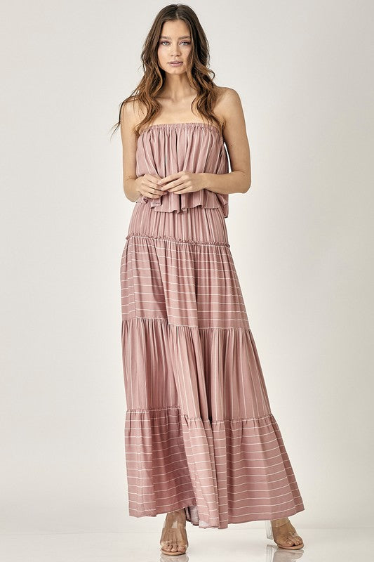 swvws Pin Stripe Print Tube Maxi Dress