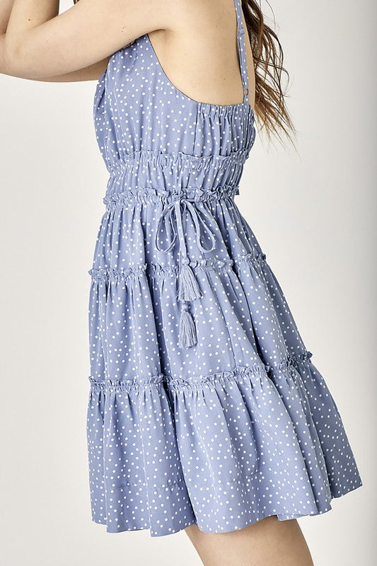 swvws Side Tassel Strap Tiered Polka Dot Dress