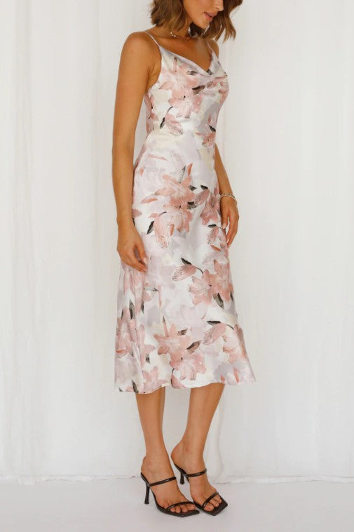 swvws Floral Print Satin Midi Dress