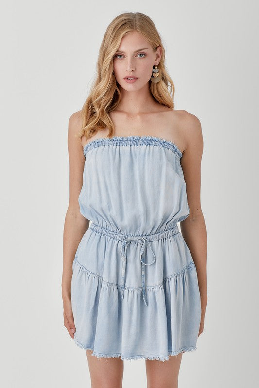 swvws Raw Edge Detail Denim Tube Mini Dress