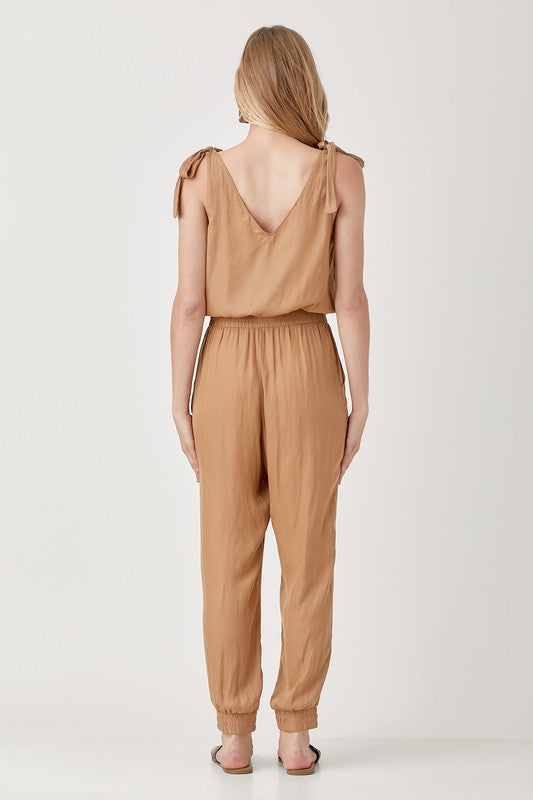 swvws V Neck Smocked Waist Jogger Jumpsuit