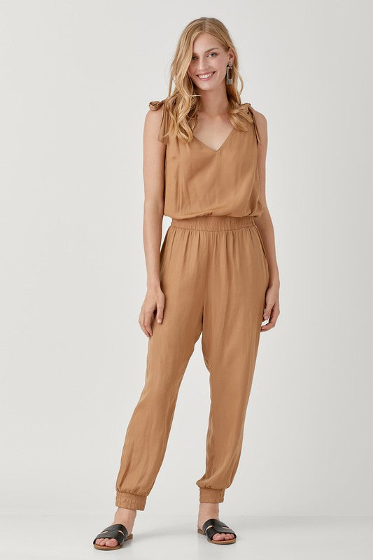 swvws V Neck Smocked Waist Jogger Jumpsuit