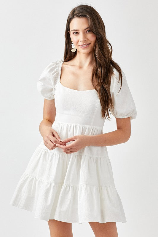 swvws Puff Sleeve Back Double Tie Tiered Dress