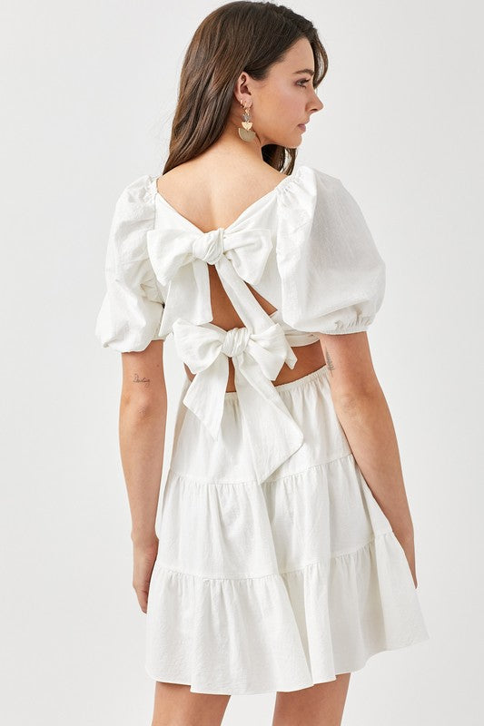 swvws Puff Sleeve Back Double Tie Tiered Dress