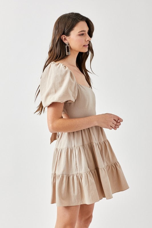 swvws Puff Sleeve Back Double Tie Tiered Dress