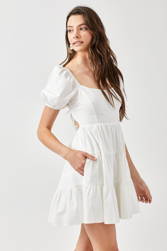 swvws Puff Sleeve Back Double Tie Tiered Dress