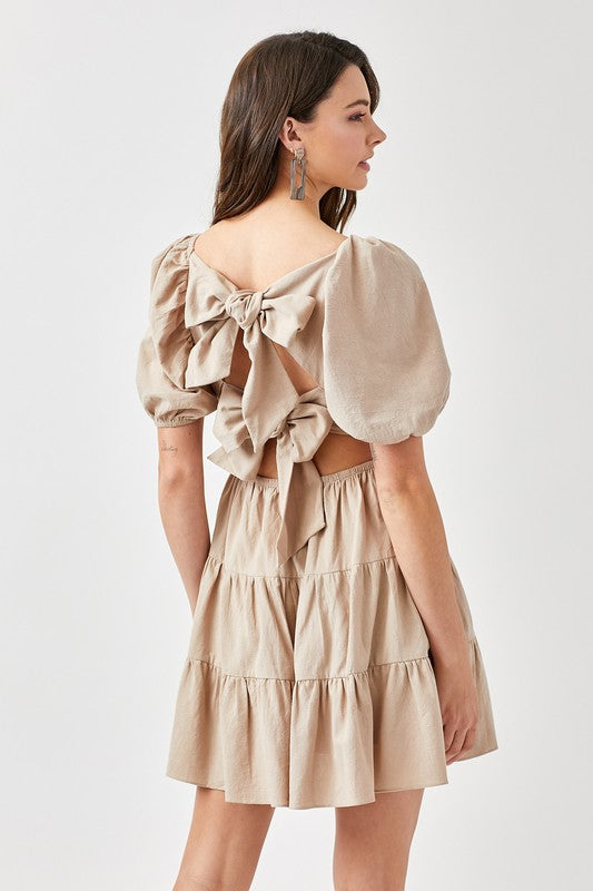 swvws Puff Sleeve Back Double Tie Tiered Dress