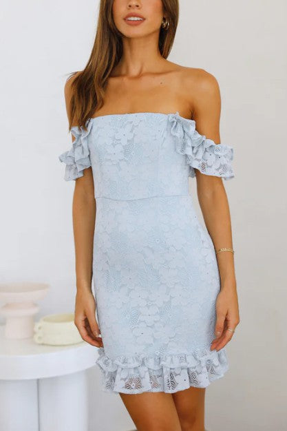 swvws Ruffle Lace Off The Shoulder Mini Bodycon Dress