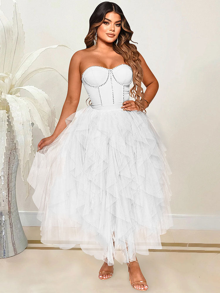 Sixsr Rhinestone Tube Tulle Prom Midi Dress