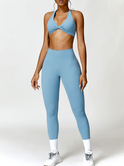 swvws Twisted Halter Neck Bra and High Waist Leggings Active Set