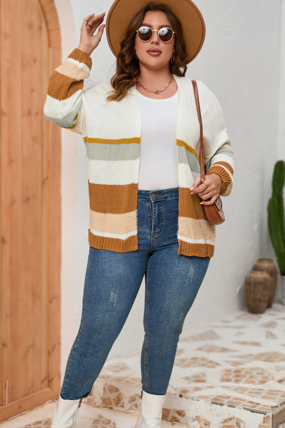 swvws Plus Size Color Block Long Sleeve Cardigan