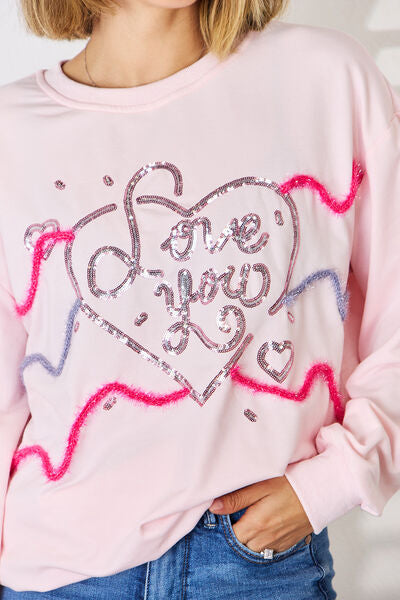 swvws LOVE YOU Heart Sequin Round Neck Sweatshirt