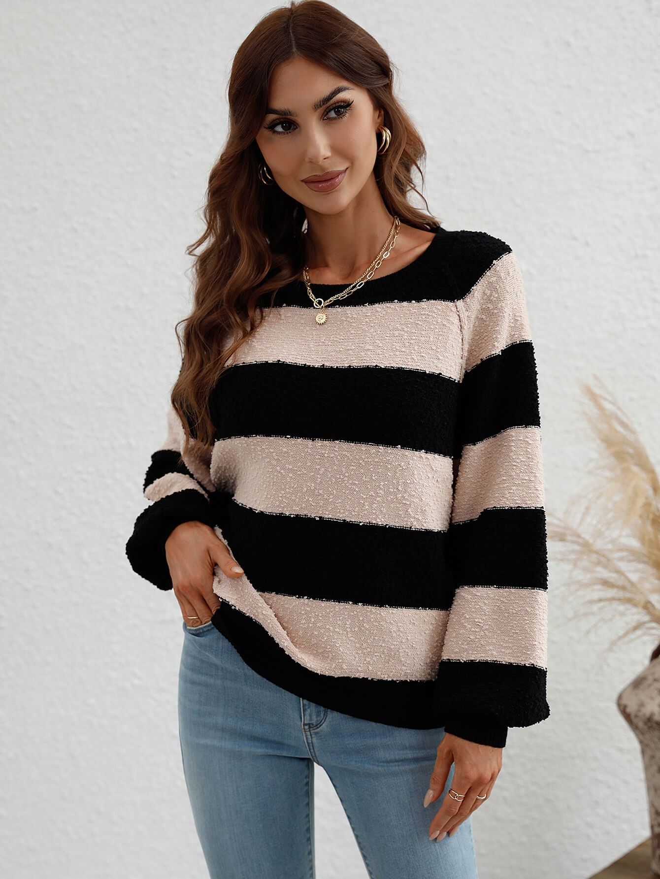 swvws Striped Raglan Sleeve Ribbed Trim Knit Top