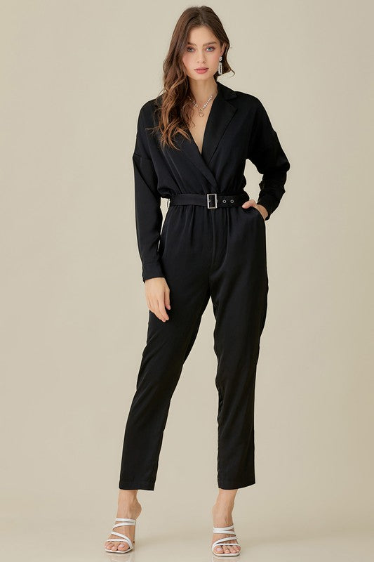 swvws Belted Waist Collared Satin Jumpsuit