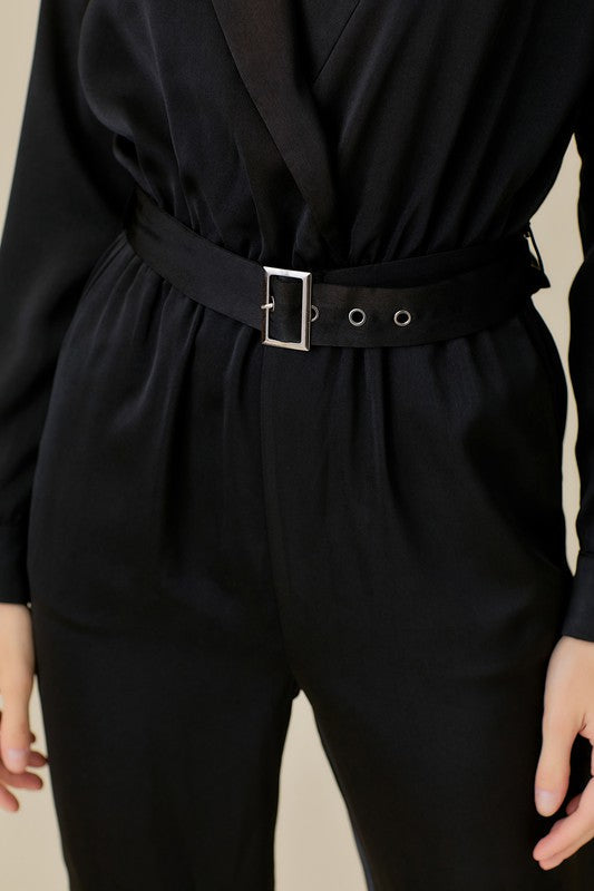 swvws Belted Waist Collared Satin Jumpsuit