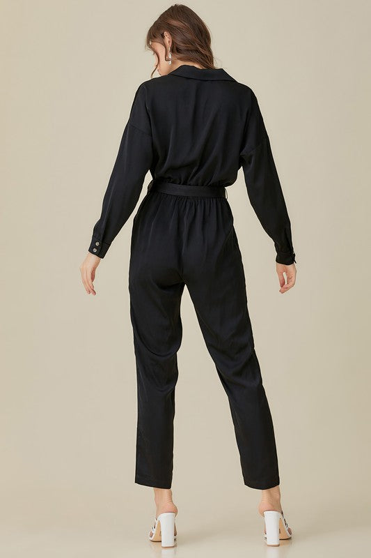 swvws Belted Waist Collared Satin Jumpsuit