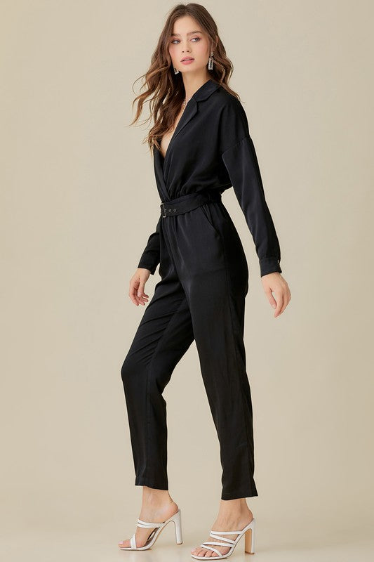 swvws Belted Waist Collared Satin Jumpsuit