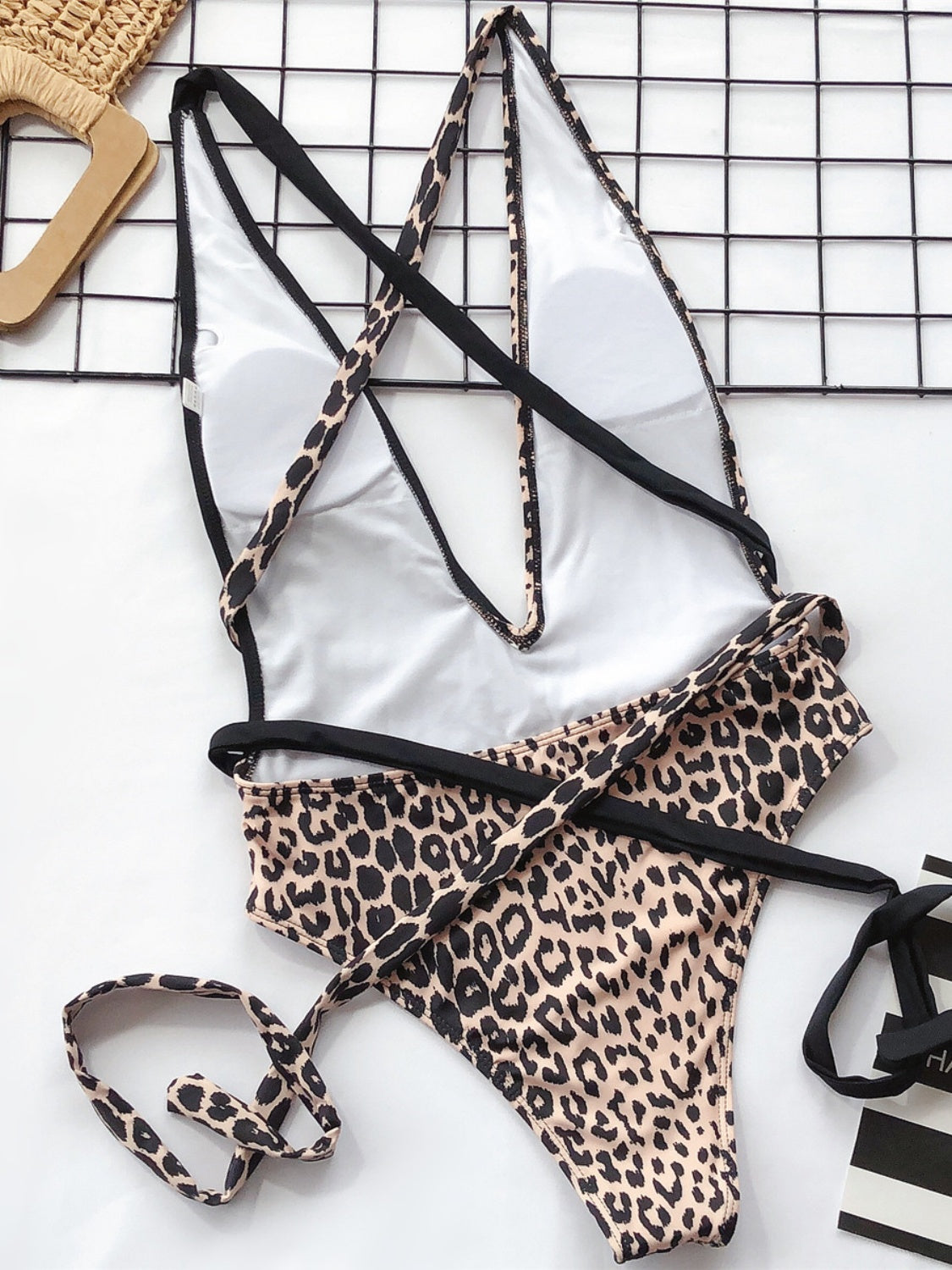 swvws Tied Leopard Plunge One-Piece Swimwear