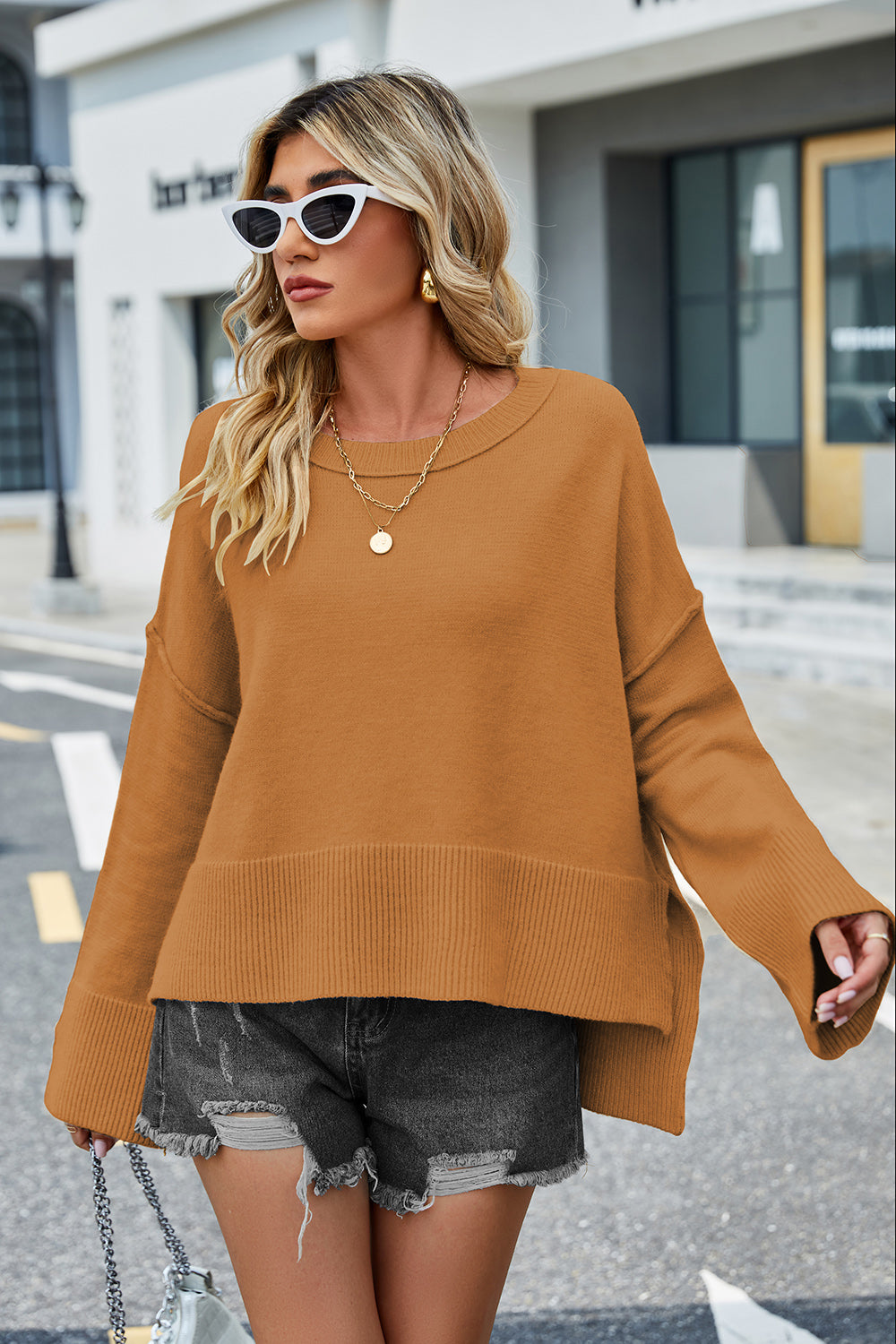 swvws Round Neck Dropped Shoulder Slit Sweater