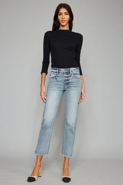 swvws Kancan High Waist Button Fly Raw Hem Cropped Straight Jeans