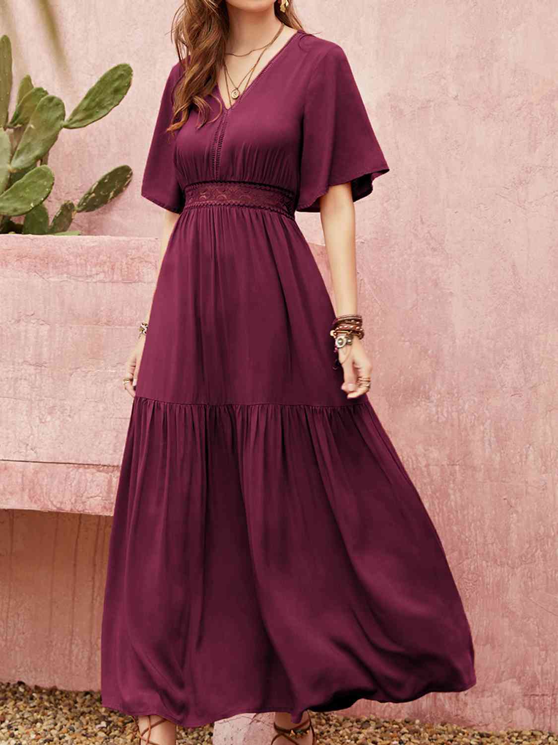 swvws Openwork V-Neck Flare Sleeve Ruched Dress