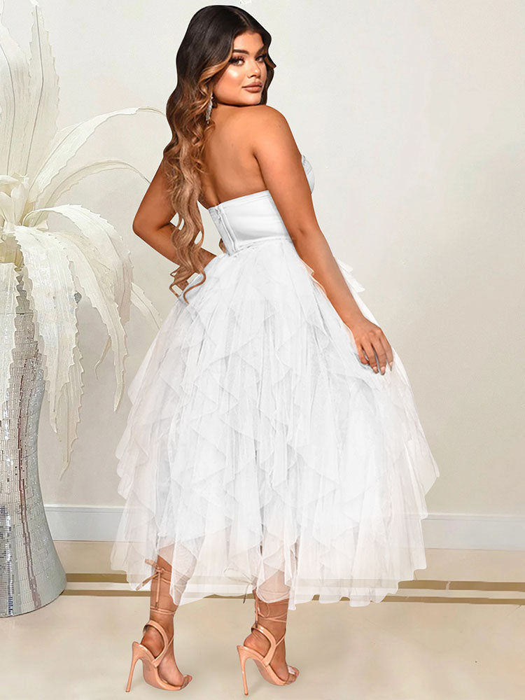 Sixsr Rhinestone Tube Tulle Prom Midi Dress