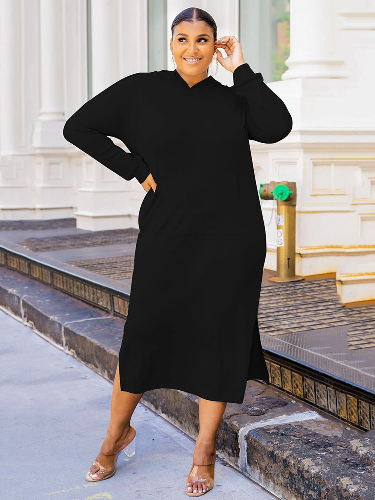 Sixsr Solid Color Hoodie Long Dress