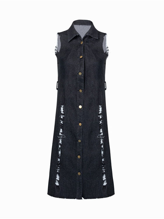 Sixsr Button Sleeveless Ripped Denim Dress